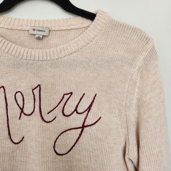 Minimalist 'Merry' Christmas Sweater Cream Red Wool Blend Crew Neck Knit - Picture 2 of 7